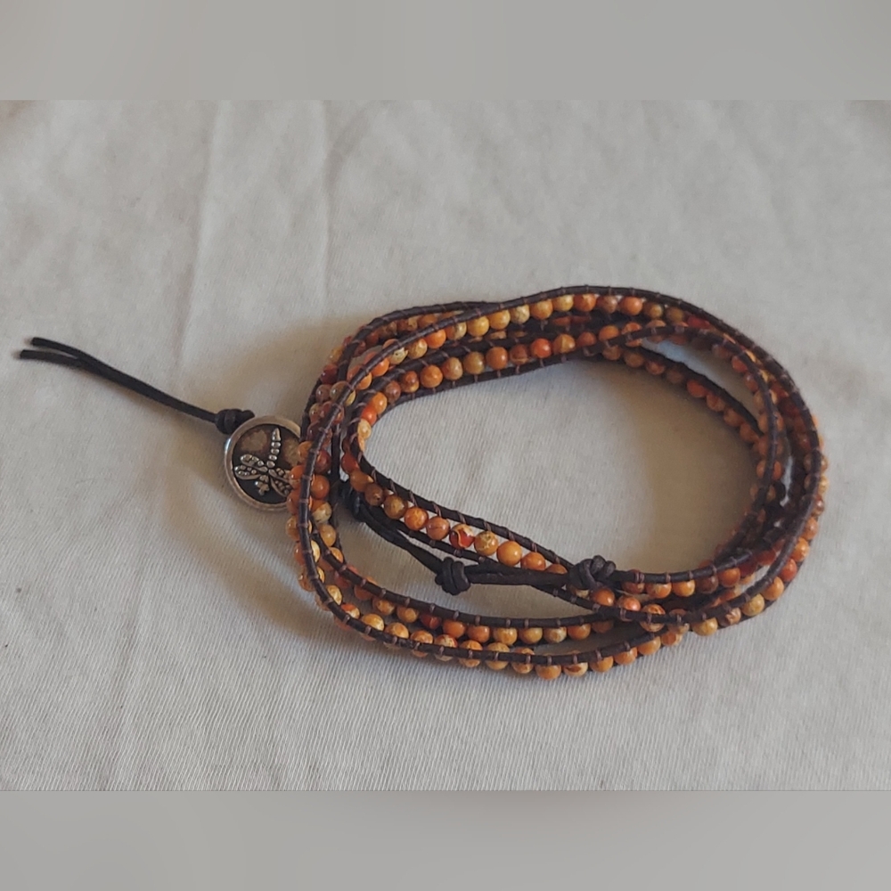 Handmade Orange Bead & Brown Leather Wrap Bracelet